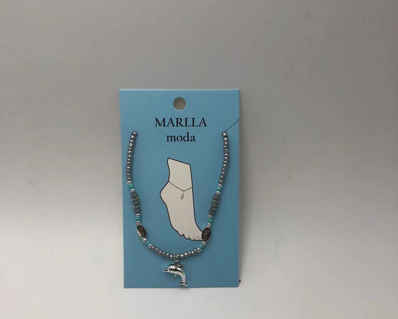 Srebrna nanožnica s plavim perlama i dupinom